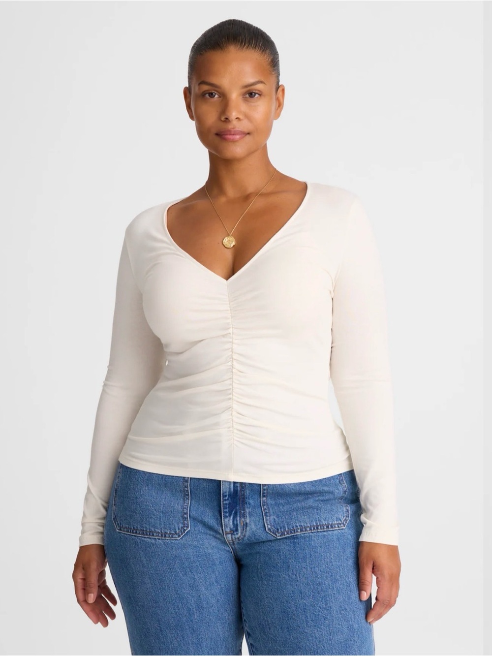 Madewell shirred v neck long sleeve top vintage ivory NWT